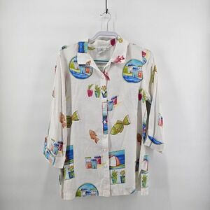 Hot Cotton Marc Ware 100% Linen Coastal Novelty Print Shirt White Womens Medium